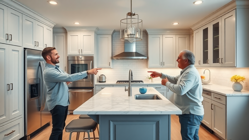Transformed kitchen remodel project in Conway SC with satisfied homeowners admiring stainless steel appliances and island seating.