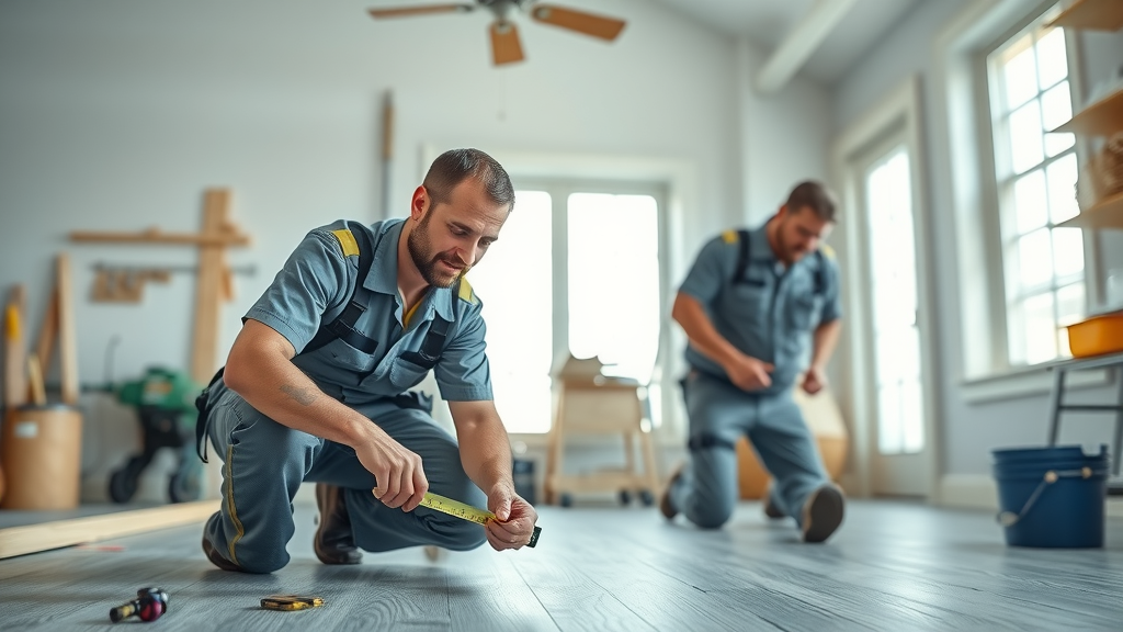 Professional flooring experts prepping Myrtle Beach room for vinyl floor installation