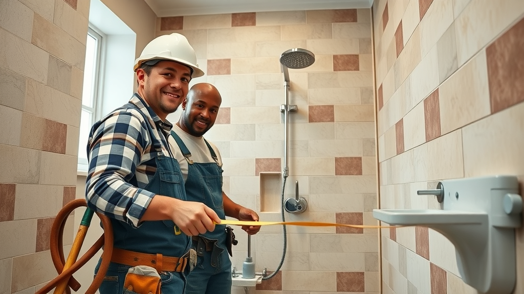 Bathroom remodeling contractors installing tile in Conway SC, busy professional work scene, highly detailed tools and fixtures