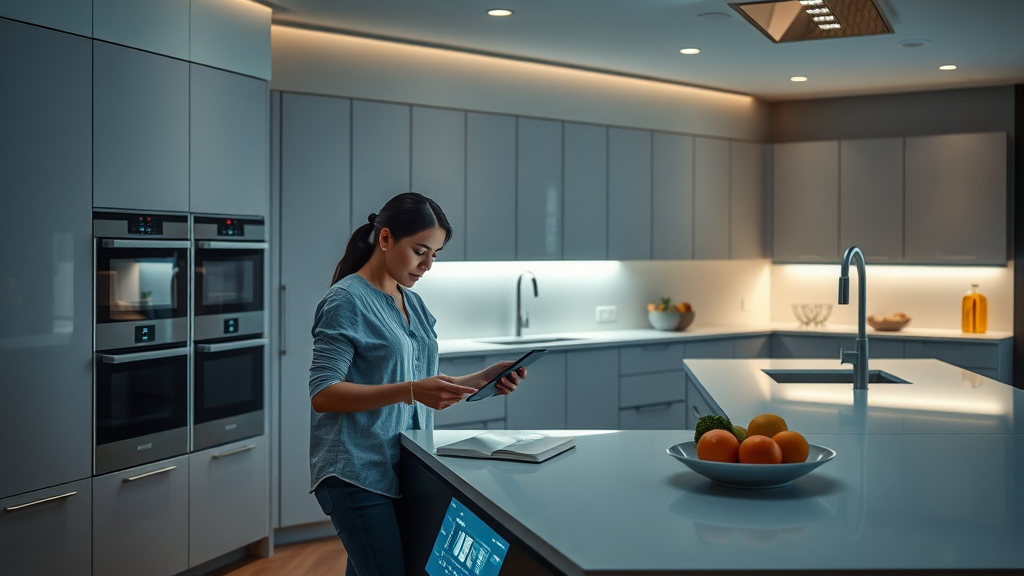 Smart kitchen remodel in Surfside Beach SC showcasing waterfall island, built-in appliances, ambient LED lighting, and an integrated dining area
