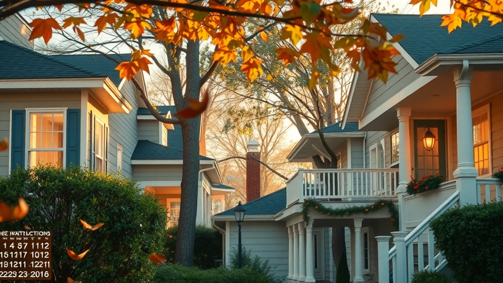 Sun-dappled Myrtle Beach neighborhood in autumn, with calendar marks on fall and winter months to highlight best times for affordable kitchen updates.