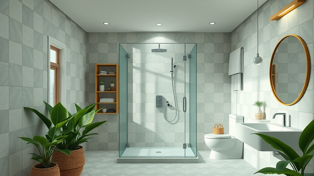 pawleys island bathroom trend, open-concept spa style, walk-in glass shower, built-in shelving, plants, geometric tile, modern remodel