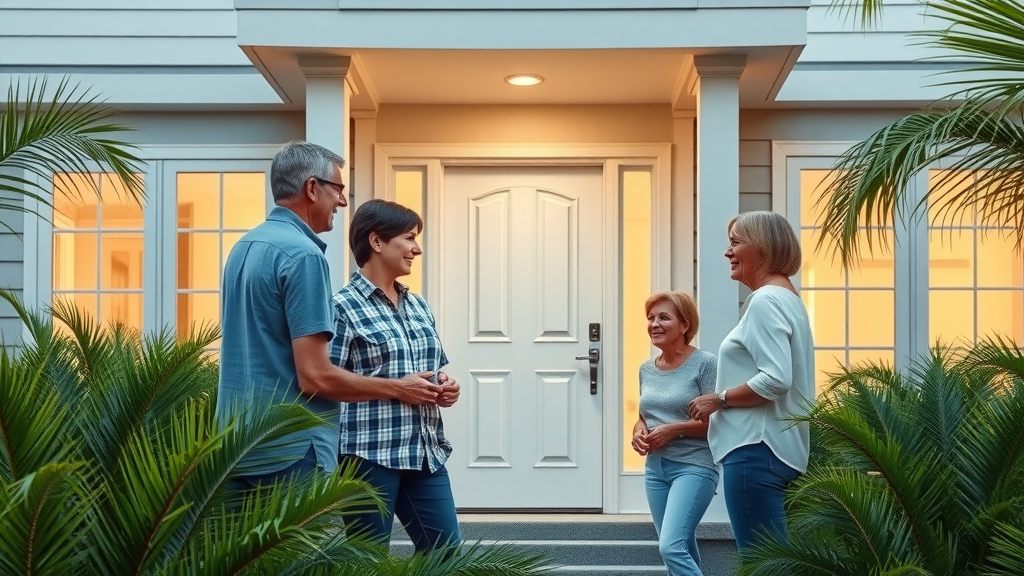 well-lit modern Myrtle Beach home exterior with smiling family and installer; best residential interior and exterior door installation Myrtle Beach