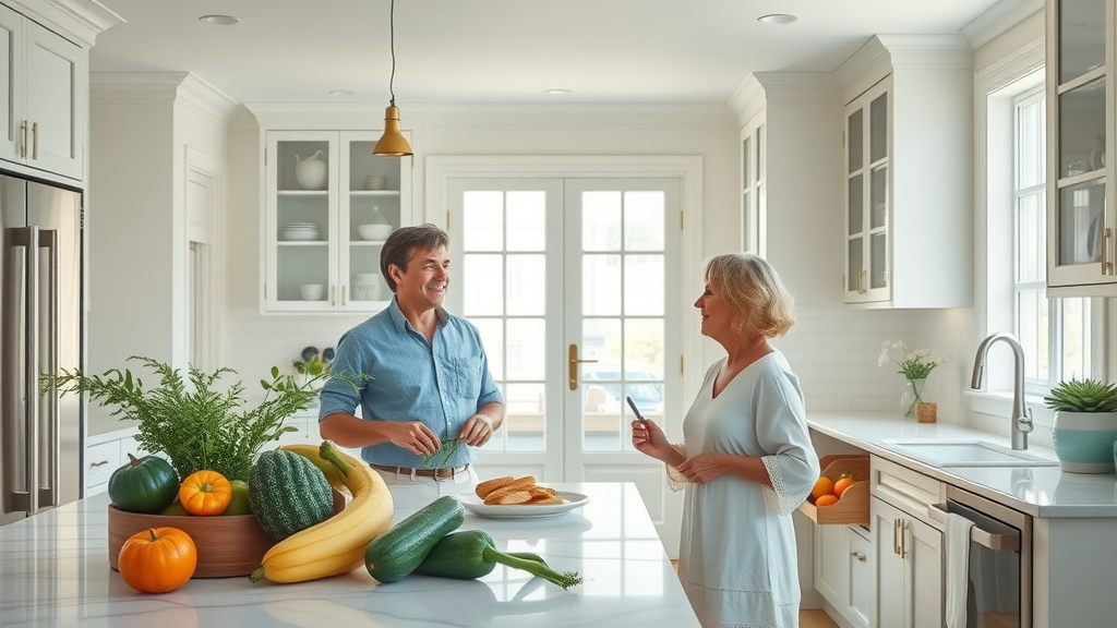 Inviting modern kitchen in Pawleys Island SC with coastal beach-style design, ocean-inspired décor, and bright daylight. Homeowners admiring kitchen updates.