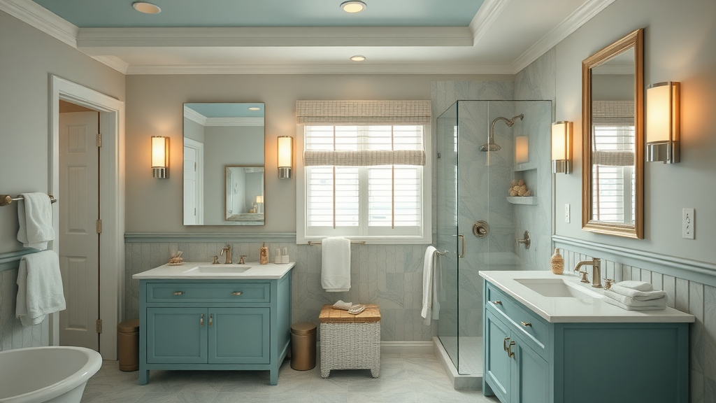 beautiful coastal-style bathroom update, spa-like bathroom with dual vanities, walk-in shower, seashell decor, aqua and beige palette, Surfside Beach SC home renovation