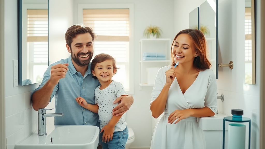 happy family enjoying morning routine in freshly remodeled small bathroom pawleys island coastal theme