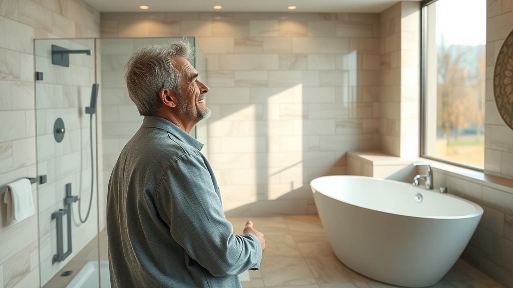 modern luxurious bathroom interior, bathroom renovation in Murrells Inlet SC, elegant tile, glass shower, and freestanding tub, warm daylight
