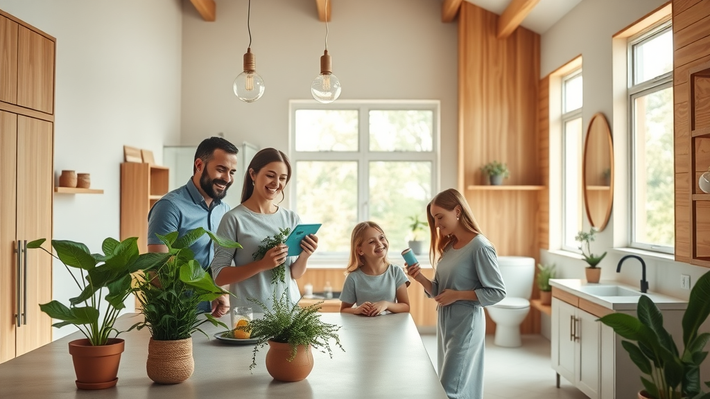 Eco-conscious kitchen and bathroom upgrades in Conway SC, family installing plants and energy-efficient lighting in updated space