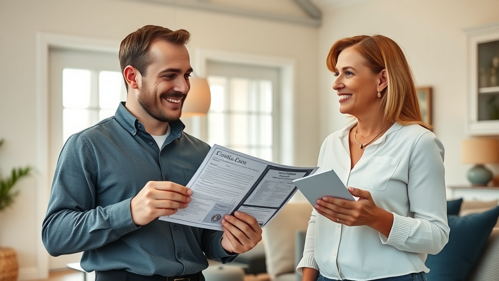Professional drywall contractor and homeowner reviewing credentials and paperwork for drywall repair in Surfside Beach SC, friendly discussion in coastal home