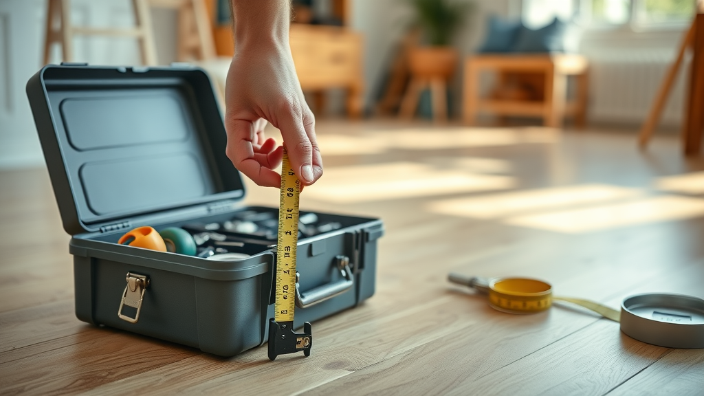 organized toolbox, precision measuring tape, craftsman installing interior door in Surfside Beach SC coastal home, process-oriented, step-by-step guide