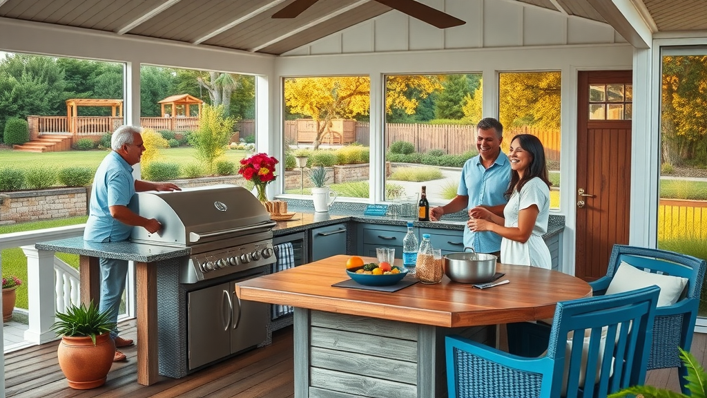 outdoor kitchen with homeowners entertaining - small remodeling projects pawleys island sc