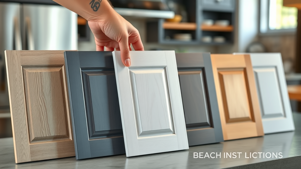 Range of kitchen cabinet door samples with neutral and bold finishes, hand selecting a modern door style in Myrtle Beach SC showroom.
