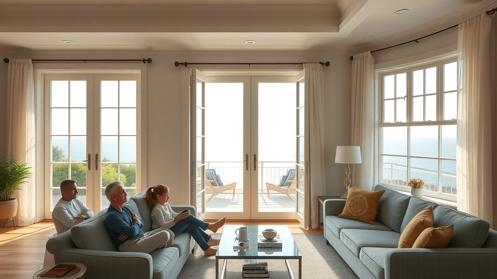 Elegant living room with patio doors and traditional windows, coastal scenery outside, Pawleys Island home improvement
