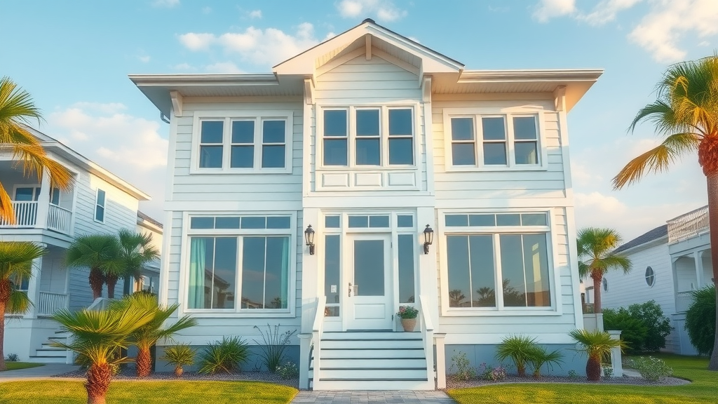 Coastal-style house exterior with large energy-efficient windows in Myrtle Beach SC neighborhood, palm trees, blue sky, ocean breeze.
