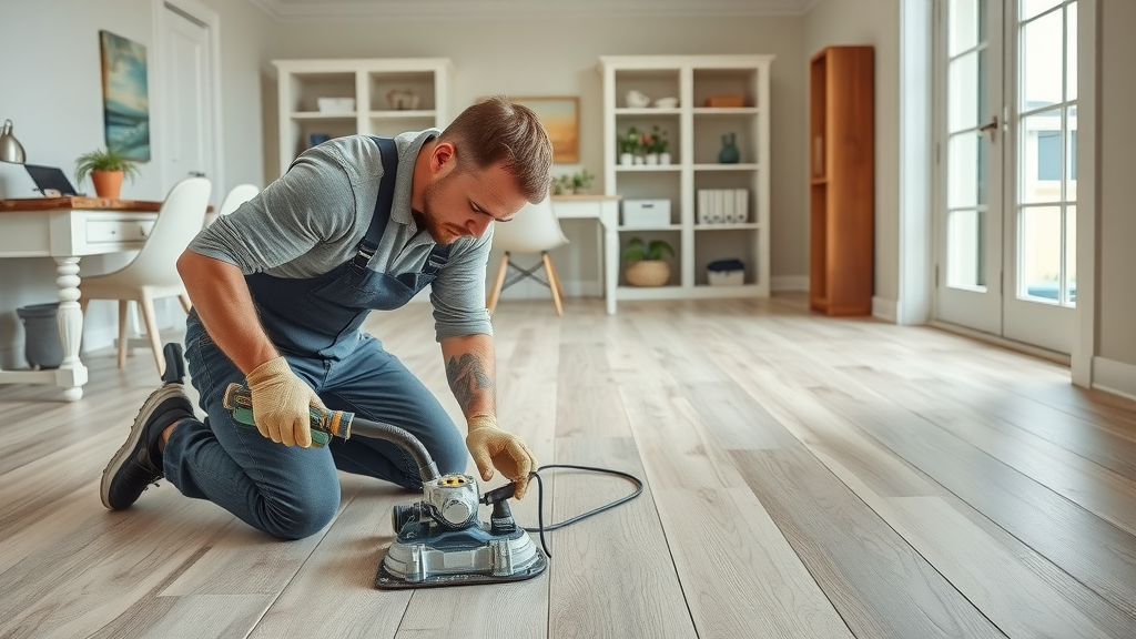 flooring installer aligning vinyl planks in coastal home office, best vinyl flooring installers pawleys island sc