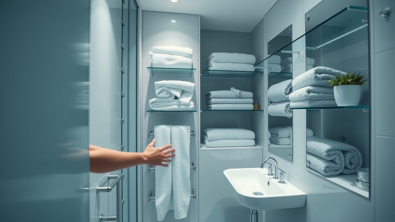 Small bathroom with innovative built-in storage, floating vanity, person organizing towels, modern fixtures Conway SC