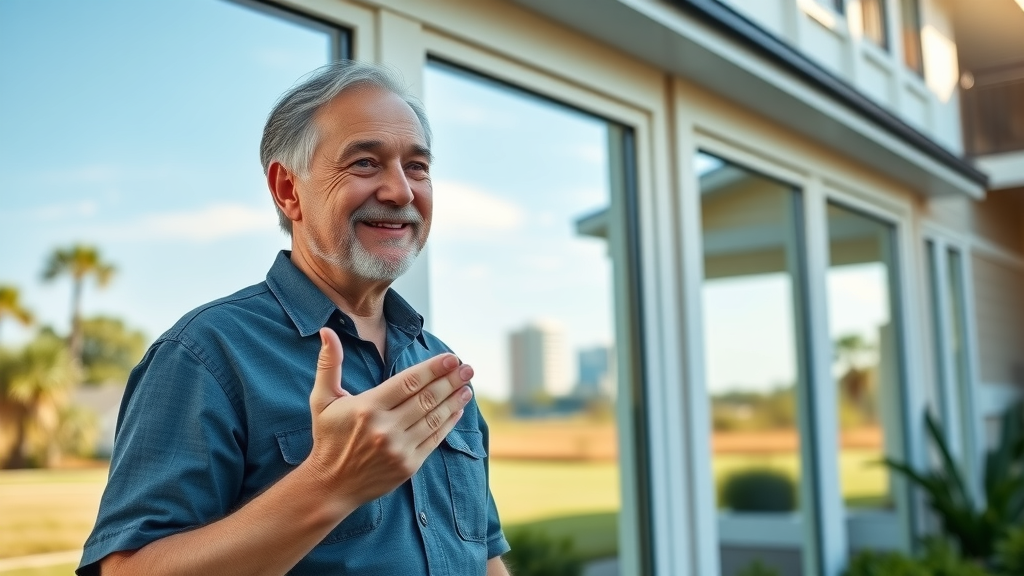 Modern home with new window installation in Pawleys Island SC, homeowner admiring large, energy-efficient windows amid lush landscape and blue sky