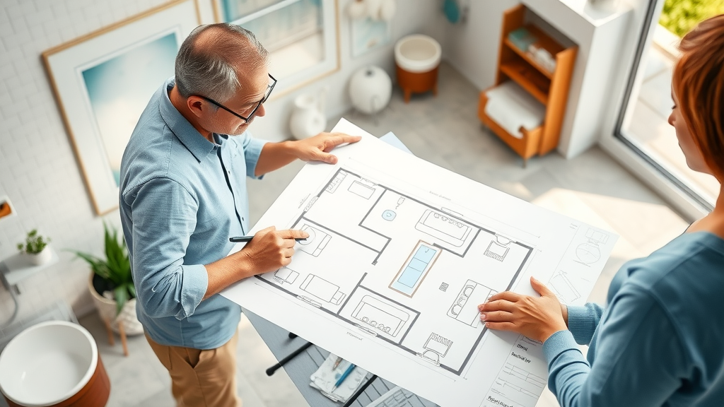 Contemporary bathroom floor plan for Surfside Beach remodeling project, designer showing layout sketches of full bathroom and shower conversion