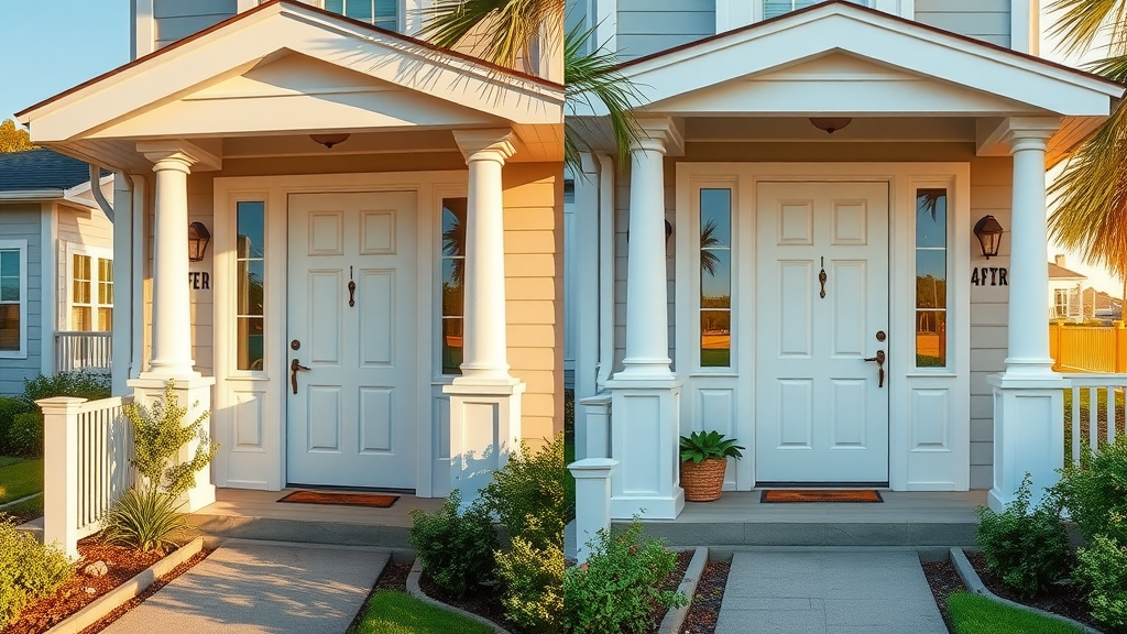 Before and after comparison of coastal Myrtle Beach home entry door installation