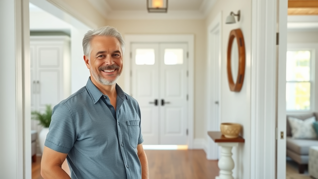 Bright, contemporary hallway in a Pawleys Island coastal home, satisfied homeowner smiling, showcasing newly installed white panel door, fresh interior with coastal accents and hardwood floors, ambient natural light, interior door installation in pawleys island sc