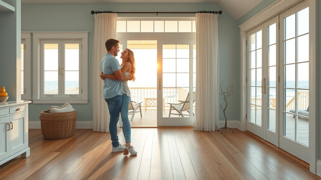 Coastal home interior after affordable vinyl floor installation Pawleys Island SC, happy couple admiring new floors, ocean view.