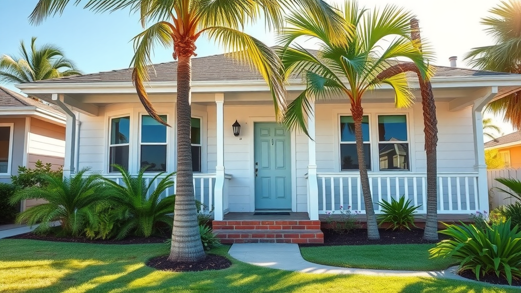 Inviting Surfside Beach home exterior with fresh paint, modern landscaping, palm trees, and vibrant colors highlighting small remodeling projects in Surfside Beach SC