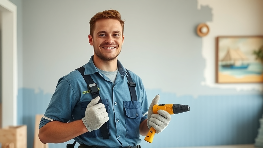 friendly local handyman in uniform holding drywall repair tools in pawleys island sc, modern home with beach details