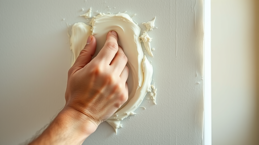 hand applying drywall patch compound for small repair in pawleys island sc, detailed closeup