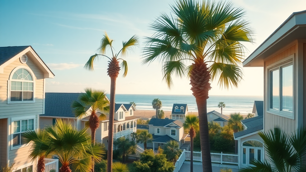 Bright coastal Myrtle Beach neighborhood with old and new windows, palmetto trees swaying, and ocean in distance.