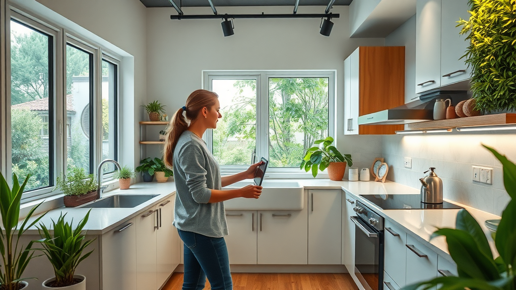 Sustainable kitchen remodel in Surfside Beach SC with solar-powered LED lighting, bamboo floors, eco-friendly appliances, and a green wall
