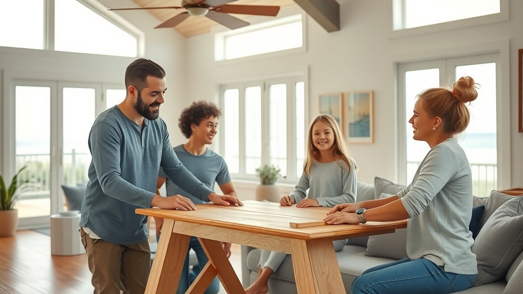 Surfside Beach family watching a professional handyman assemble a wooden table in a modern coastal home - wood furniture assembly in Surfside Beach SC