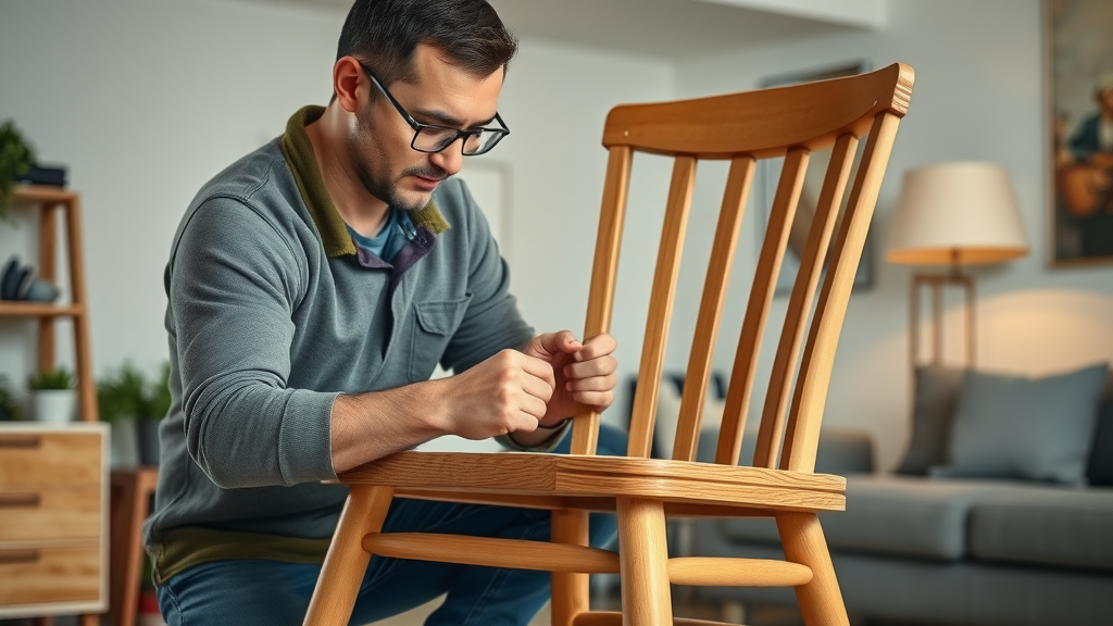 Professional checking wood chair assembly stability in well-lit Surfside Beach living room