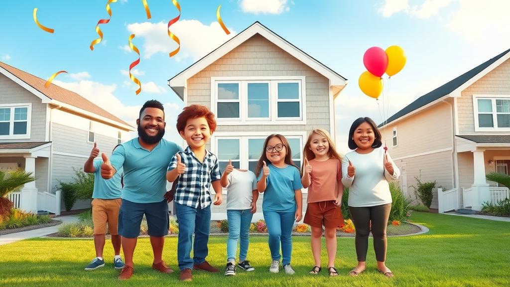 Group of happy Myrtle Beach homeowners celebrating new windows in a cheerful suburban neighborhood, giving thumbs up