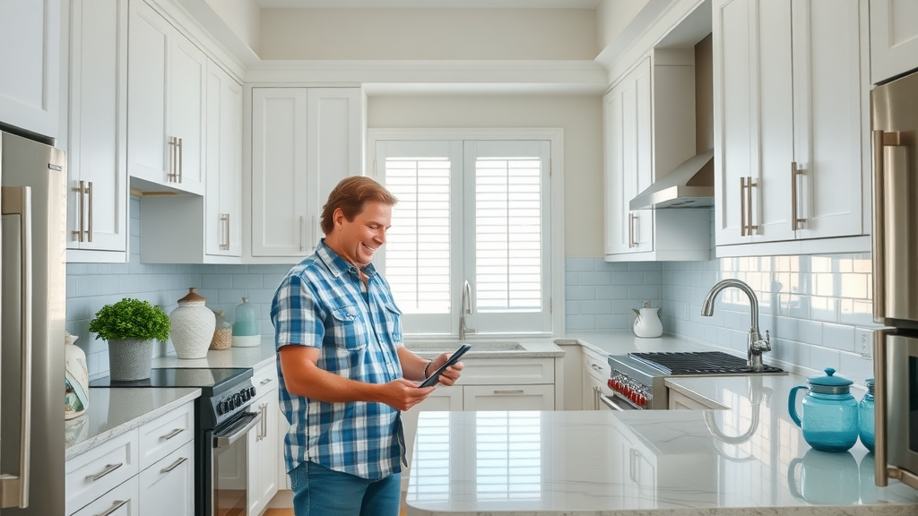 Modern kitchen interior in Surfside Beach SC with refreshed cabinetry, energy-efficient appliances, coastal backsplash, showcasing kitchen remodeling by a general contractor
