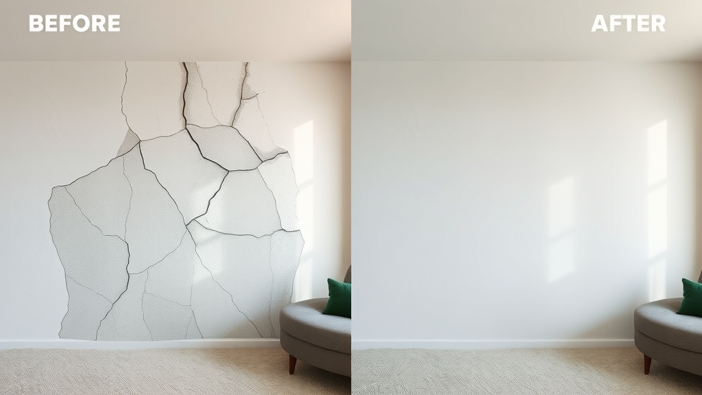 Split-view before and after of a repaired wall: cracked and damaged drywall and perfectly finished wall in Myrtle Beach