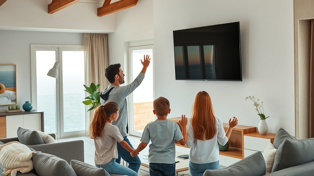 Technician providing TV mounting services in Surfside Beach SC in a modern coastal-themed living room