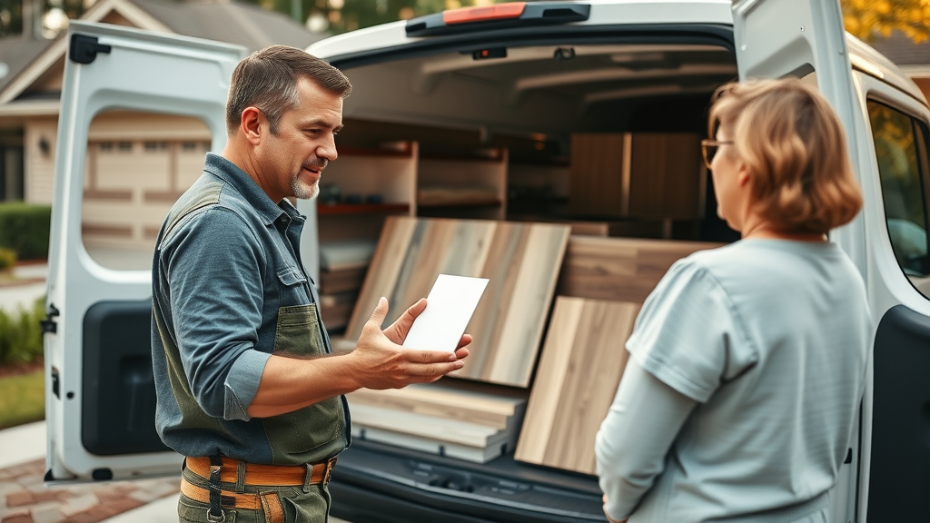 professional flooring installer showing luxury vinyl plank samples to homeowner, mobile show van, best vinyl flooring installers pawleys island sc