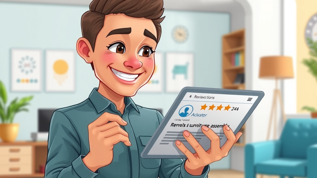 smiling customer reading online reviews booking furniture assembly pawleys island sc