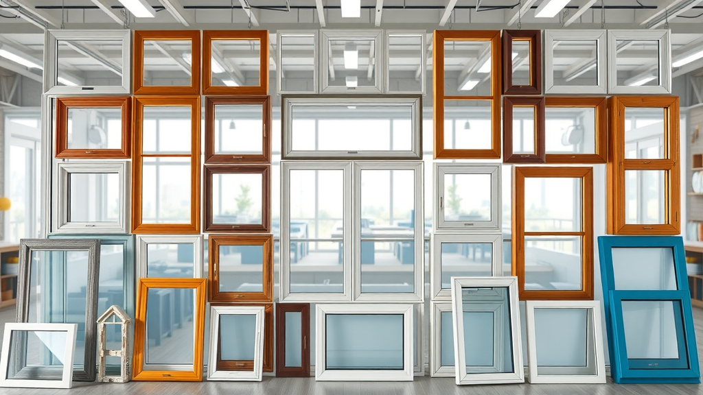 Sample display of modern replacement window types and frame colors in Surfside Beach SC showroom, highly detailed and well-lit