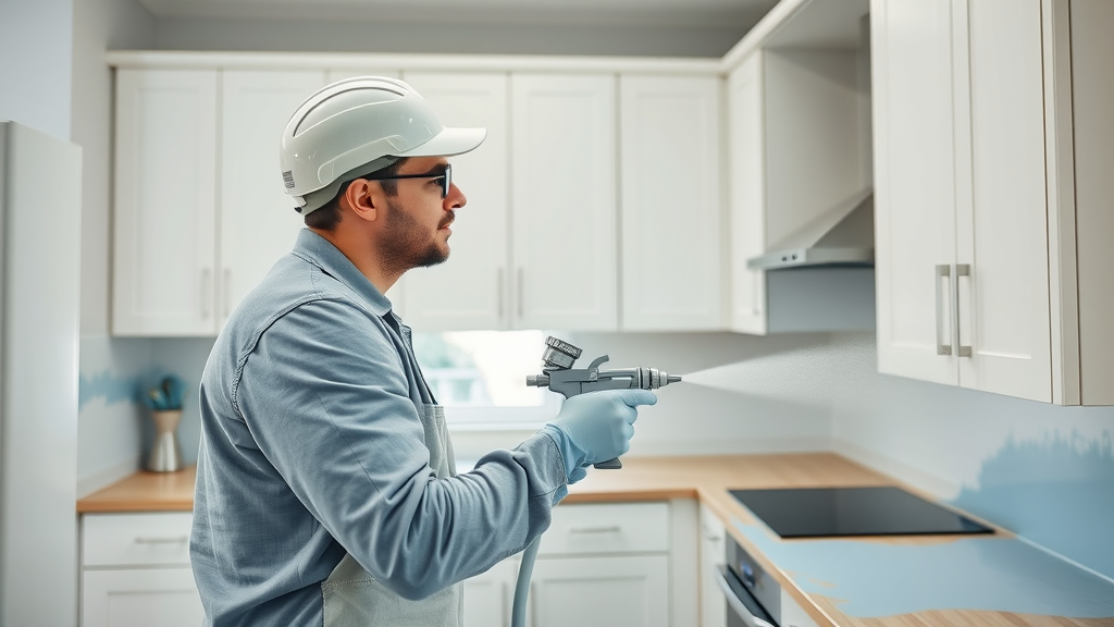 Experienced painter applying paint with a spray gun to kitchen cabinets in Myrtle Beach SC for a professional transformation