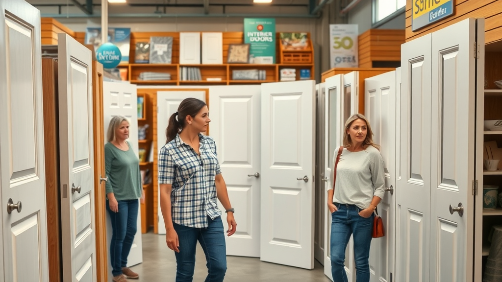 variety of interior doors—panel, flush, French, sliding—in Surfside Beach home improvement showroom, interior door selection, local homeowners