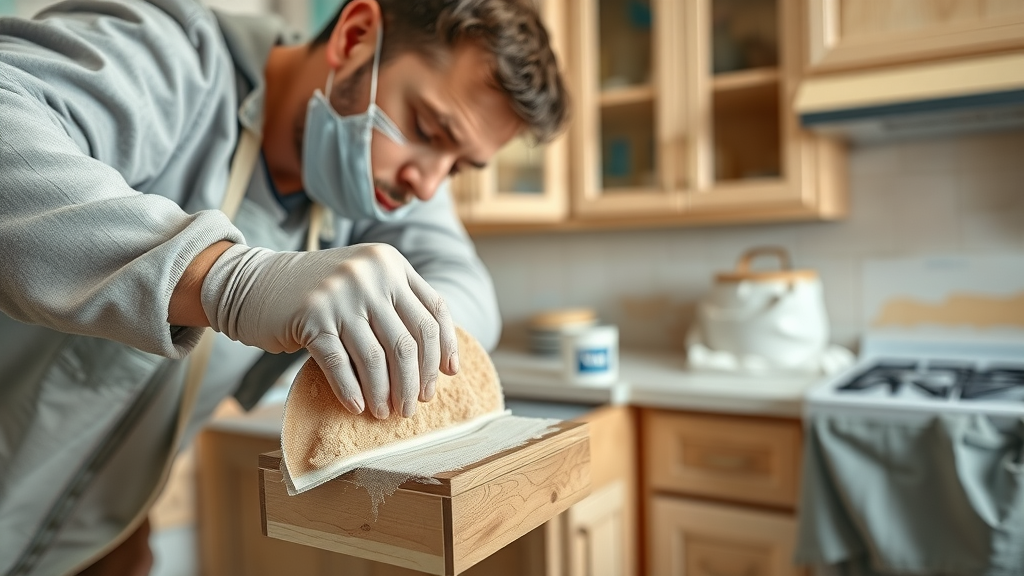 Close-up of professional painter preparing kitchen cabinets for painting in Myrtle Beach SC by careful sanding and masking off areas