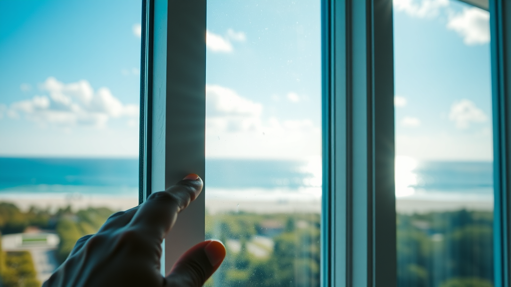 Low-E efficient window close-up with coastal Myrtle Beach landscape in background.