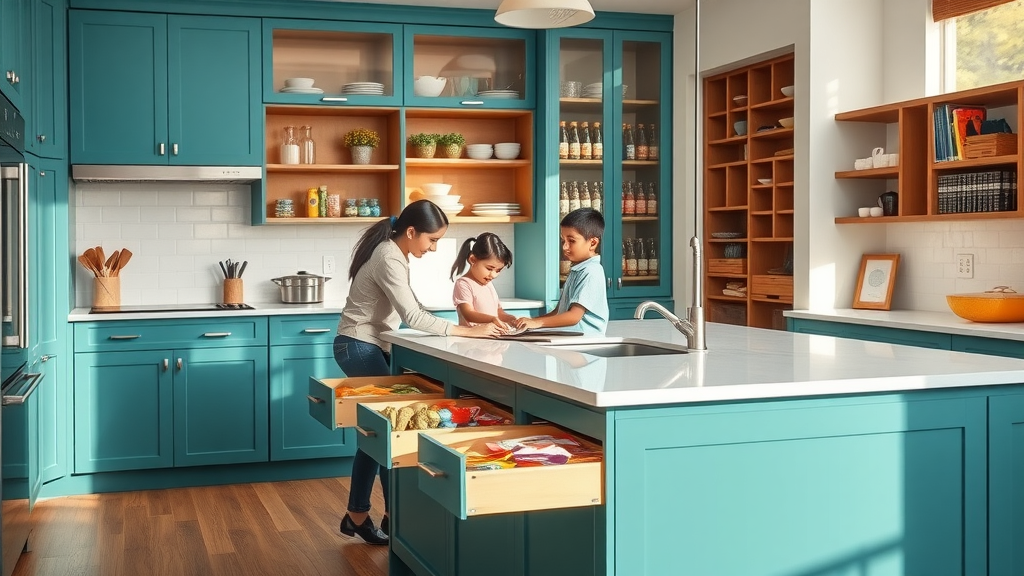 Modern kitchen island and pantry with innovative pull-out storage cabinets in Surfside Beach SC home remodel