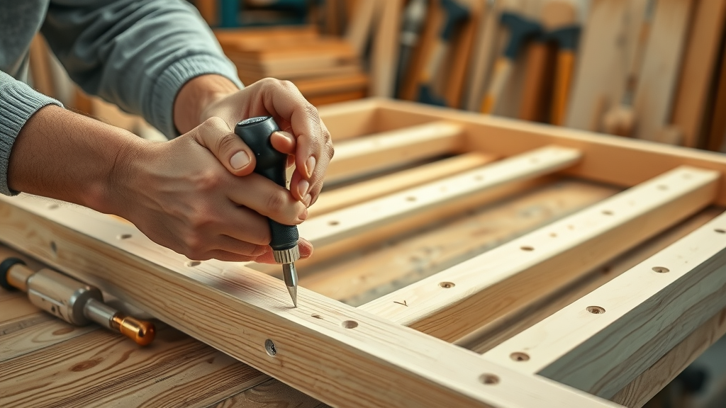 Professional hands assembling a wooden bed frame using precision tools in Surfside Beach SC