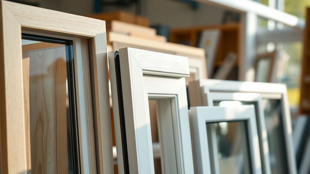 Close-up display of window frame samples: wood, white vinyl, brushed aluminum in Myrtle Beach SC showroom.