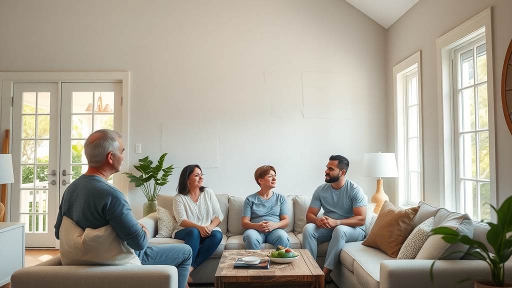 Modern Pawleys Island living room with subtle drywall imperfections and concerned family – drywall repair in pawleys island sc
