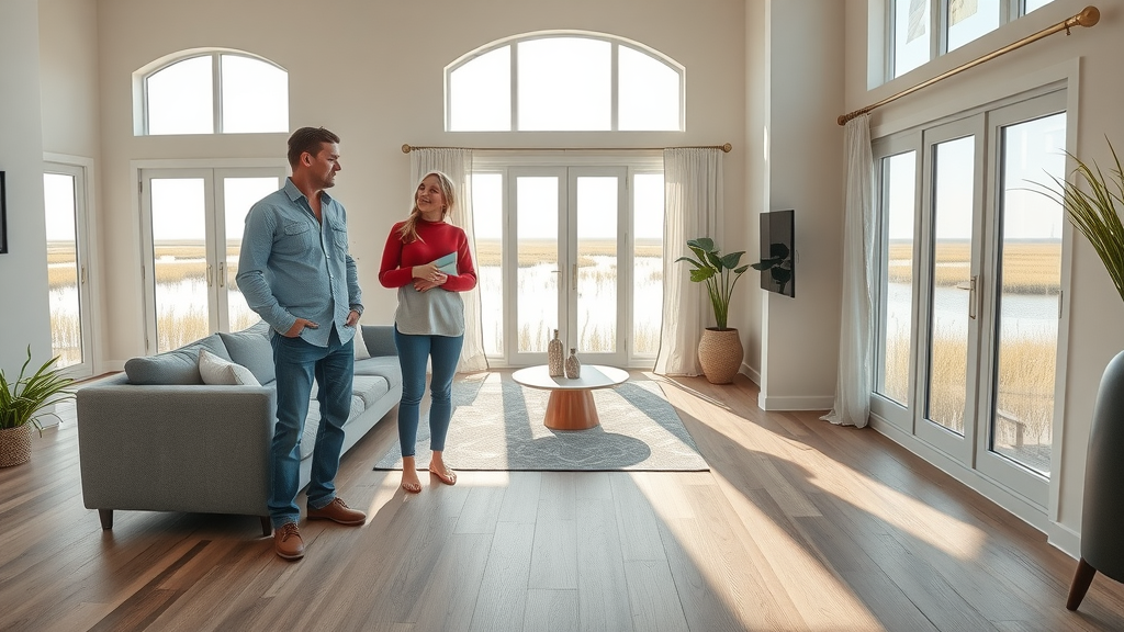 Modern luxury vinyl flooring installation in Pawleys Island SC sunlit living room with marsh views, best vinyl flooring installation in pawleys island sc
