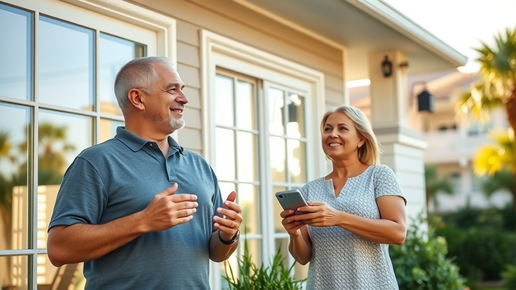 Bright modern home facade with new replacement windows in Myrtle Beach; lush landscaping, palm trees, and satisfied homeowners enjoying energy-efficient living