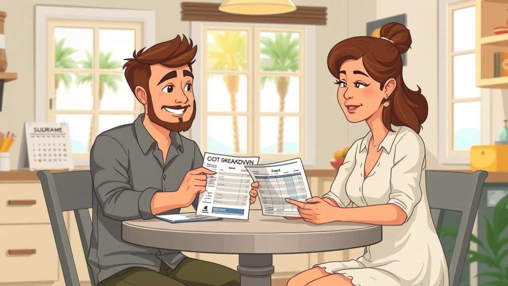 smiling couple reviewing cost breakdown for interior door installation in Surfside Beach SC, comparing DIY and professional services